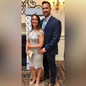 Badgley Mischka Silver Lace Midi Cocktail Dress